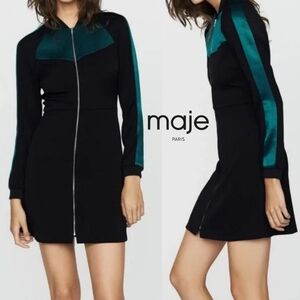 Sz S Maje Black and Green Rizia Contrast-Inset A-Line Long Sleeve Mini Dress